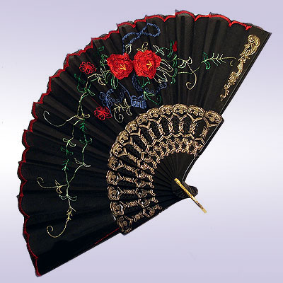 Веер для испанских танцев (чёрный с цветами) 23cm купить
