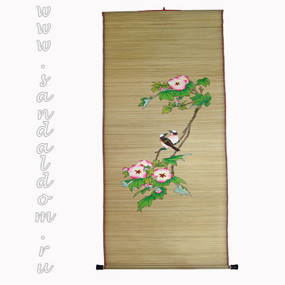 Панно на рисовой соломке 50x150sm ХРИЗАНТЕМА, САКУРА И ДВЕ ПТИЧКИ