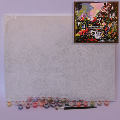 Картина раскраска A375 Пейзаж с домами и рекой 40*50см (дерево, ткань) ― Сандаловый Дом СПб - Интернет-магазин