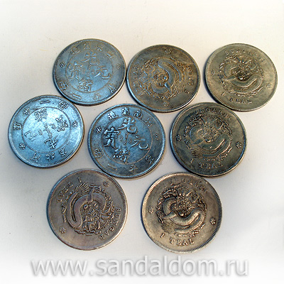 Монеты Фен-Шуй драконы (набор 8 в 1) под серебро d-4,5cm