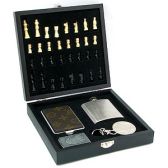 Подарочный набор в футляре в виде шахматной доски: шахматы, фляжка 90 мл, портсигар, зажигалка, пепе