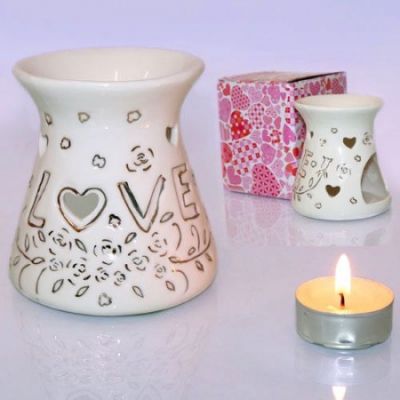 Аромалампа  Белая с золотом Резьба  Любовь 10см керамика глазурь Китай