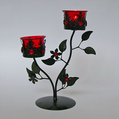 Подсвечник A341 Цветок Двойной на ножке (металл, стекло) h=26sm L=20sm