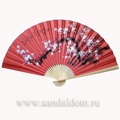 Опахало Сакура на красном фоне 90см
