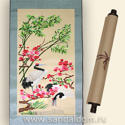 Свиток шелк, вышивка. Два аиста и сакура 136x46sm