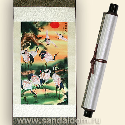 Свиток принт на шелке. Стая аистов 120x34sm