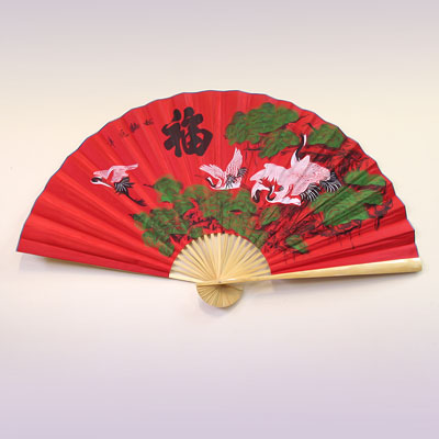 Опахало настенное Журавли на сосне. Красное атласное 90см