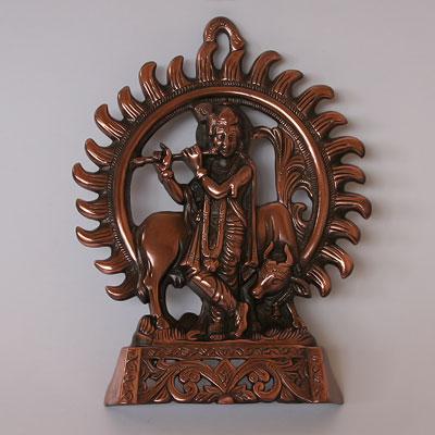 Панно Кришна с коровой, 23 X 18см, Легкий сплав, Индия