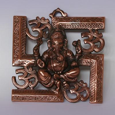 Панно Ганеш в свастике, Ом, 22 X 22см, Легкий сплав, Индия